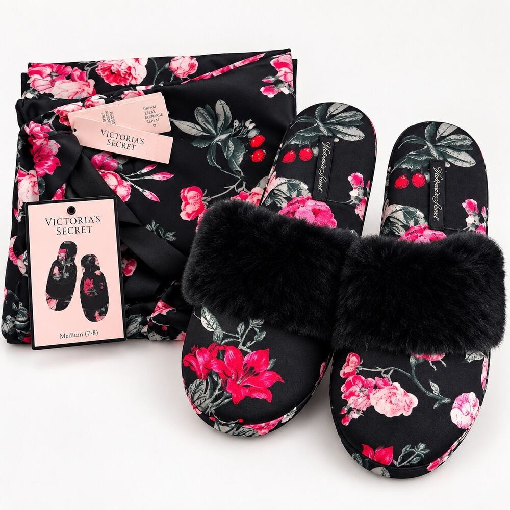 VICTORIA’S SECRET BLACK ROSE SATIN FAUX FUR SLIPPERS MEDIUM 7–8 NWT